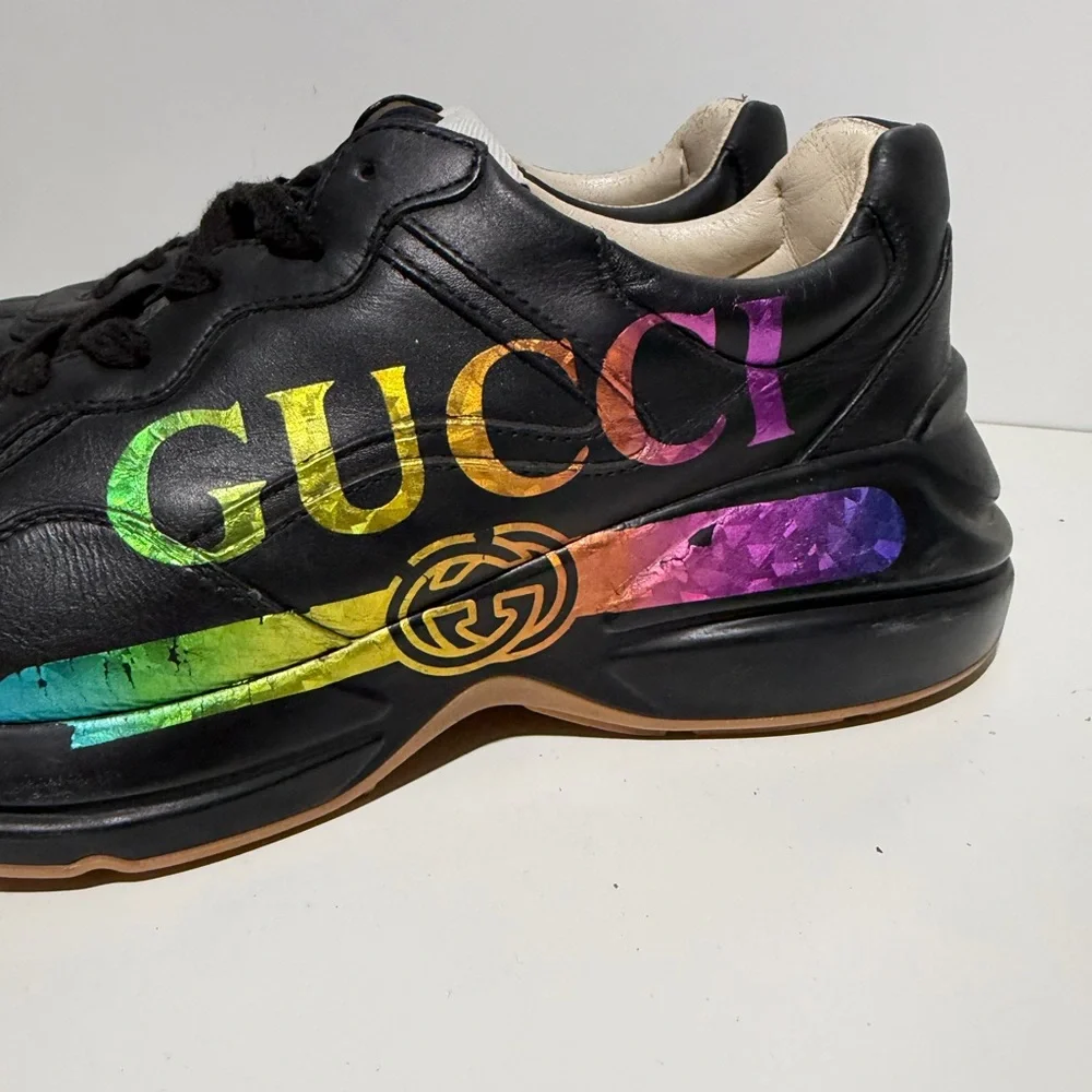 Gucci Black Sneakers with‎ Rainbow Logo Men's Rhyton Iridescent Logo